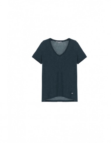 T-shirt encolure V lurex bleu canard